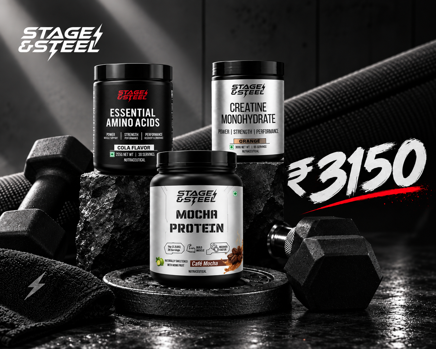 Stage & Steel 3-in-1 Trio Offer - Mocha Protein, Creatine Monohydrate, Essential Amino Acids for ₹3,150