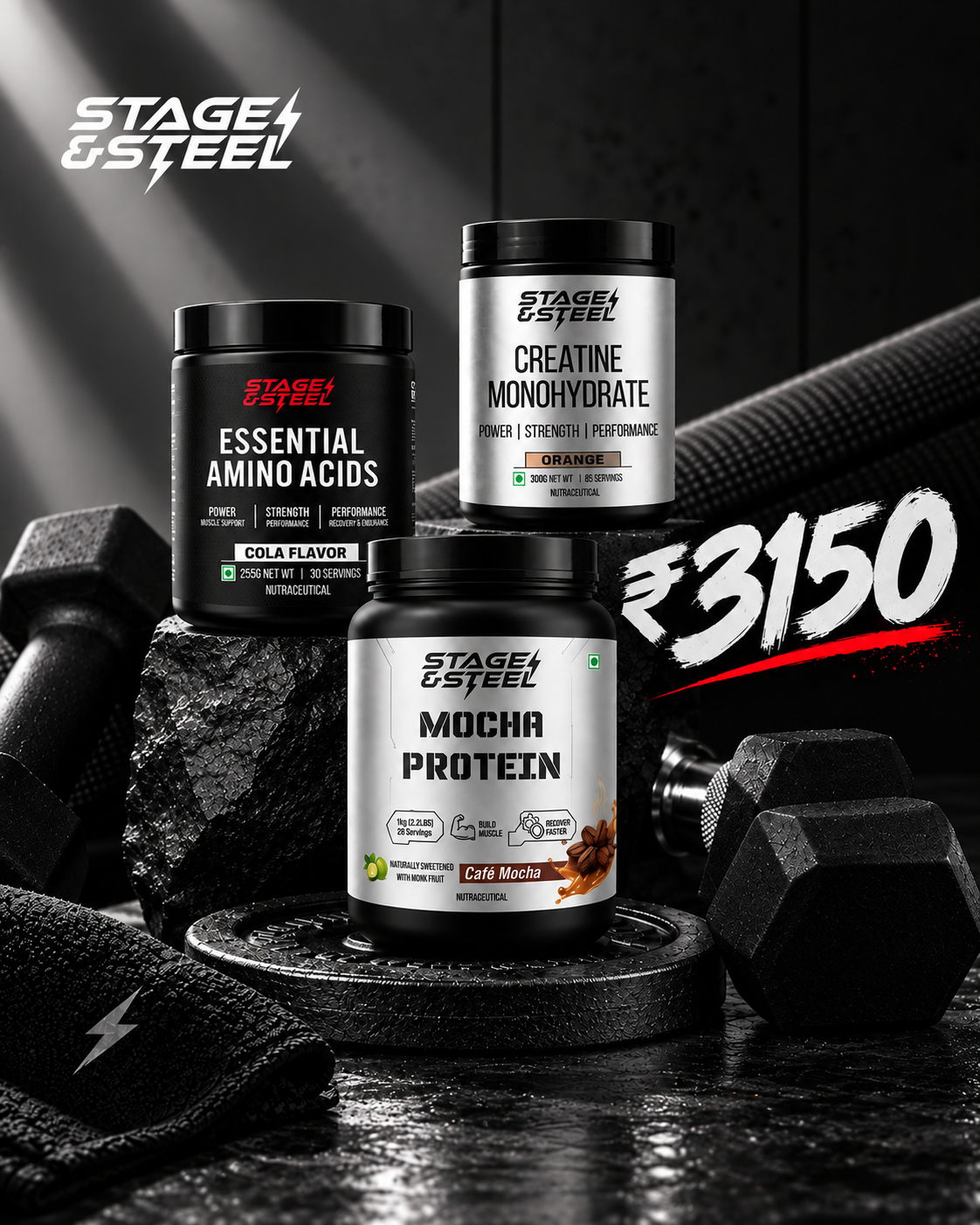 Stage & Steel 3-in-1 Trio Offer - Mocha Protein, Creatine Monohydrate, Essential Amino Acids for ₹3,150